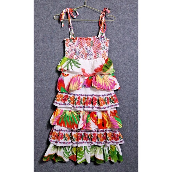 Farm Rio Dress Women Small Multi Floral Mixed White Prints Layered Tier Midi  EUC